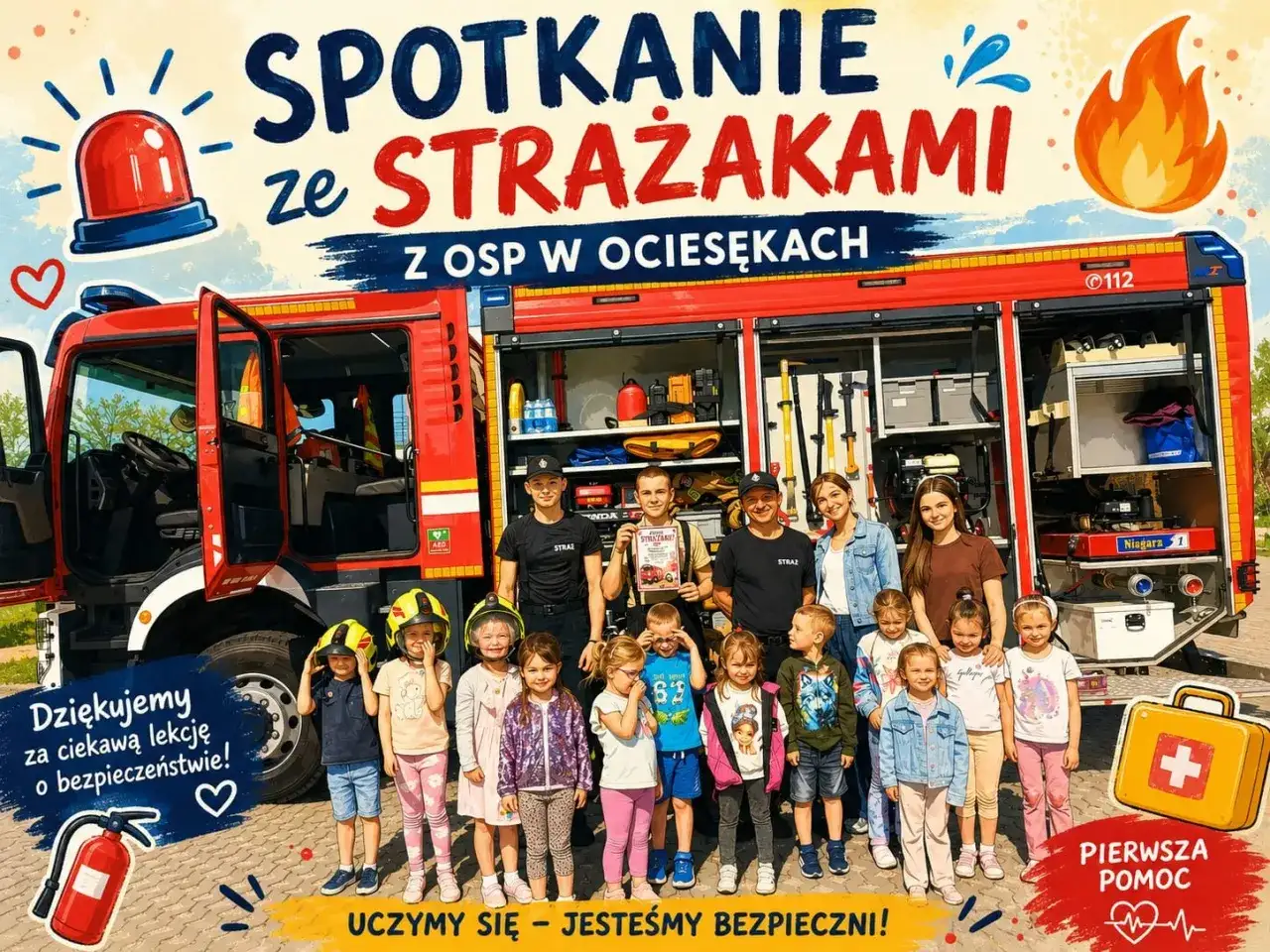 Mistrzowie internetu, czyli strażacy z OSP w Ociesiękach, dzielą się wiedzą z dziećmi. Uczą się o bezpieczeństwie i pierwszej pomocy.