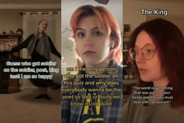 Trzy klipy wideo: dziewczyna tańczy, druga pyta o wynik testu "żołnierz, poeta, król", trzecia mówi o świecie.