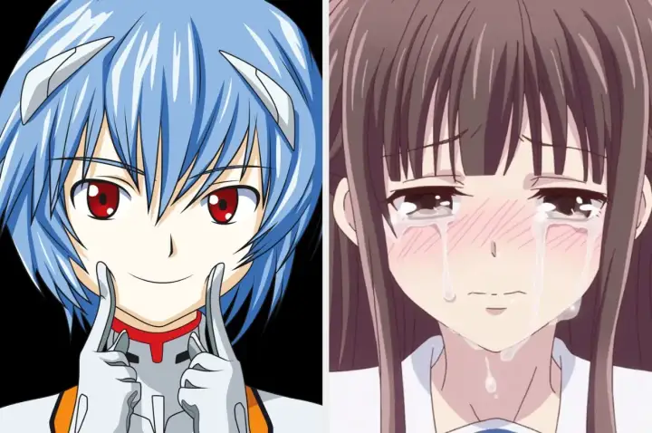 Dwie postacie z anime: jedna z niebieskimi włosami i czerwonymi oczami, druga płacząca. Jakim typem dere jesteś?